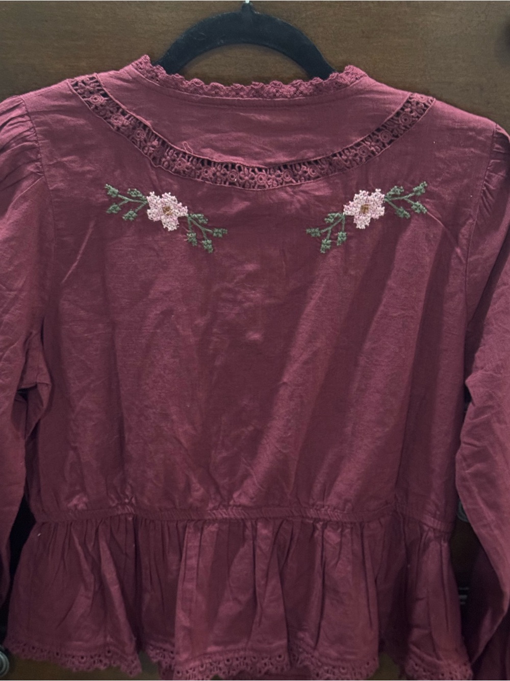 Jennifer & grace Embroidered Tie-Front Peplum Top - Burgundy long sleeve size S - Picture 5 of 12